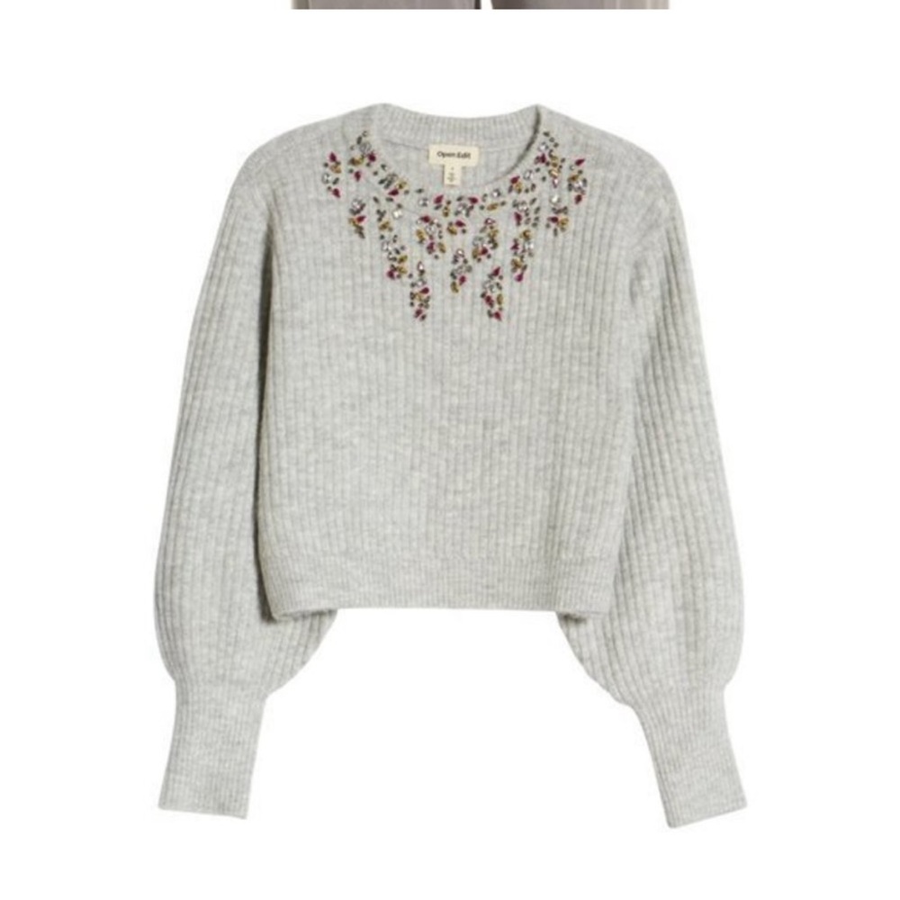 Open edit grey bejeweled sweater